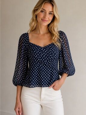Express Balloon Sleeve Navy and White Polka Dot Blouse
